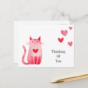 Carte Postale Chat Kitty coeurs roses pensant à vous