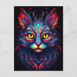 Carte Postale Chat Kitty coloré Animal Psychedelic Tribal Art