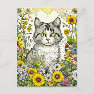 Carte Postale Chat kitty gris et blanc assis en fleurs