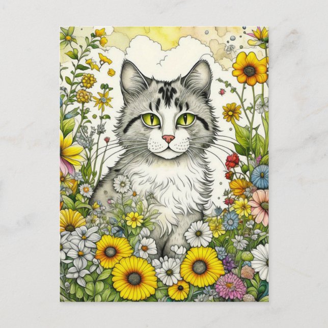 Carte Postale Chat kitty gris et blanc assis en fleurs (Devant)