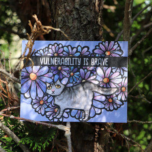 Carte Postale Chat Kitty Marguerites Violettes Art Chat Gris Cha