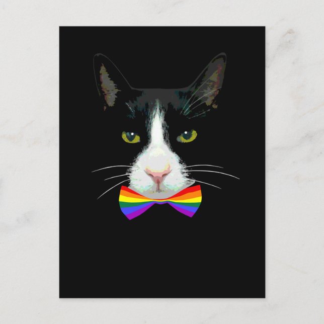 Carte Postale Chat LGBT Gay avec noeud papillon arc-en-ciel (Devant)