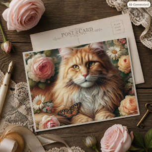 Carte Postale Chat Maine Coon victorien avec des roses roses