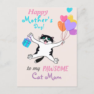 Carte Postale Chat Maman Fête des Mères Cute Kitty Ballons color
