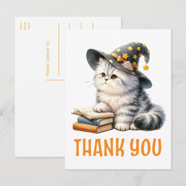 Carte Postale Chat Merci Kitten Sorcière Halloween livre amour (Devant / Derrière)