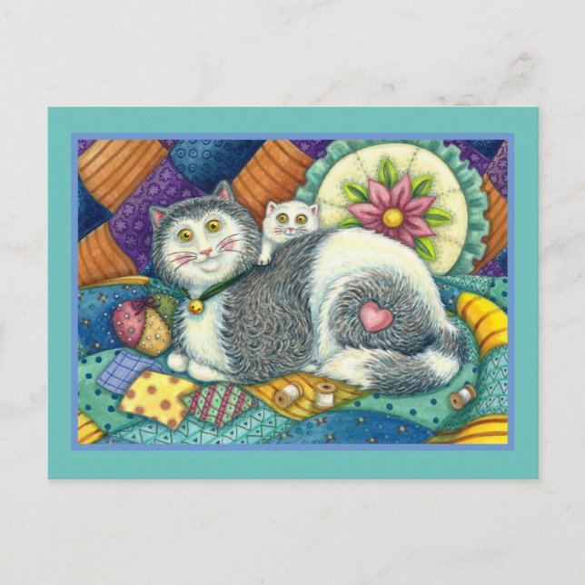 CARTE POSTALE CHAT MÈRE & CUISINE, QUILTS EN PATCHWORK, PINCUSHI (Devant)