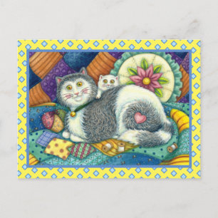 CARTE POSTALE CHAT MÈRE & CUISINE, QUILTS EN PATCHWORK, PINCUSHI