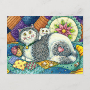 CARTE POSTALE CHAT MÈRE & CUISINE, QUILTS EN PATCHWORK, PINCUSHI