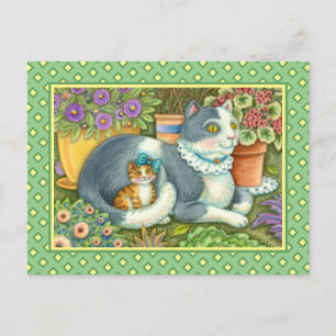 CARTE POSTALE CHAT MÈRE ET CUISINE, FLEURS POTÉES, BOWS & LACE