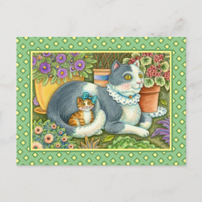 CARTE POSTALE CHAT MÈRE ET CUISINE, FLEURS POTÉES, BOWS & LACE (Devant)