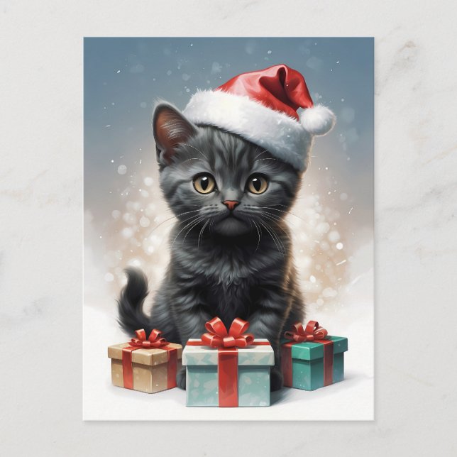 Carte Postale chat mignon avec chapeau santa Illustration (Devant)