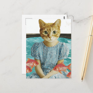 Carte Postale Chat Mignon Avec Collage Rétro Poisson Rouge
