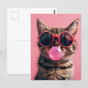 Carte Postale Chat mignon avec gomme à bulle, rose, Post-croisem