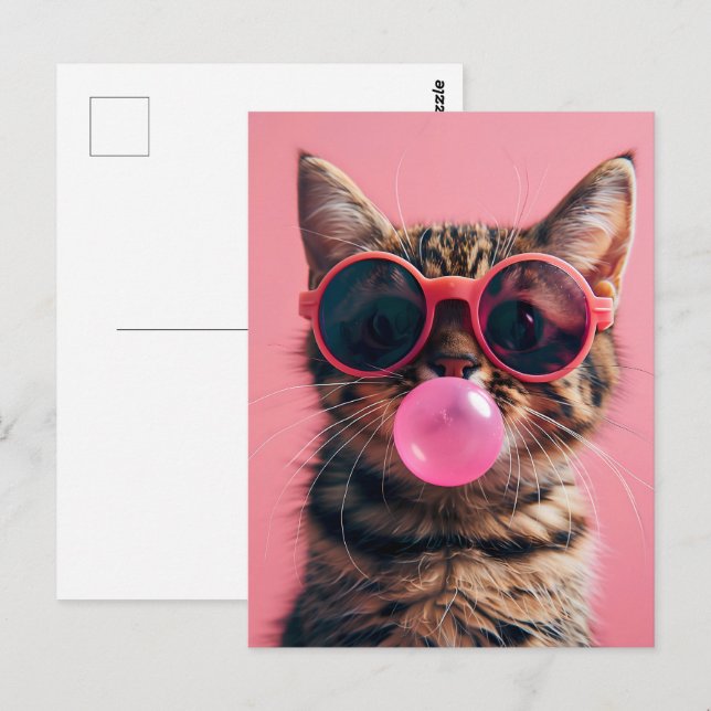 Carte Postale Chat mignon avec gomme à bulle, rose, Post-croisem (Devant / Derrière)