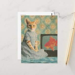Carte Postale Chat mignon avec poisson rouge à la télévision Col