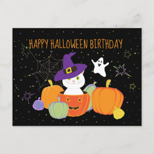 Carte Postale Chat mignon d'Halloween avec un chapeau de sorcièr