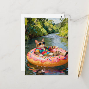 Carte Postale Chat mignon en voyage en radeau
