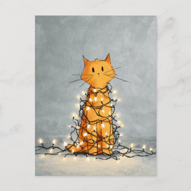 Carte Postale Chat mignon enrobé par les lumières de Noël Drôle  (Devant)
