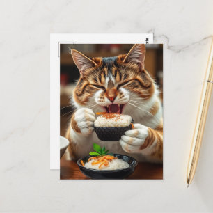 Carte Postale Chat mignon mangeant un rouleau de sushi