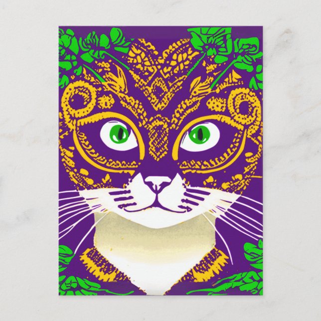 Carte Postale Chat mignon portant un Masque Mardi Gras (Devant)