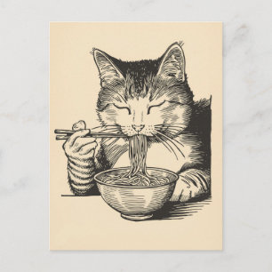 Carte Postale Chat mignon tendance mangeant des ramen japonais
