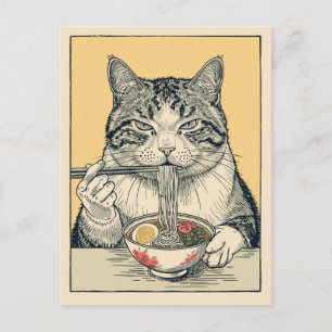 Carte Postale Chat mignon tendance mangeant des ramen japonais