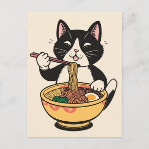 Carte Postale Chat mignon tendance mangeant des ramen japonais