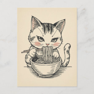 Carte Postale Chat mignon tendance mangeant des ramen japonais