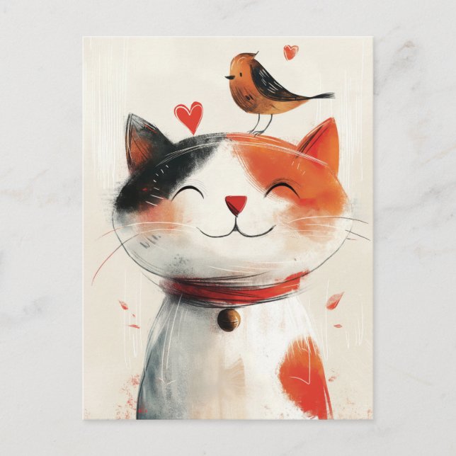 Carte Postale Chat mignonne et amis des oiseaux (Devant)