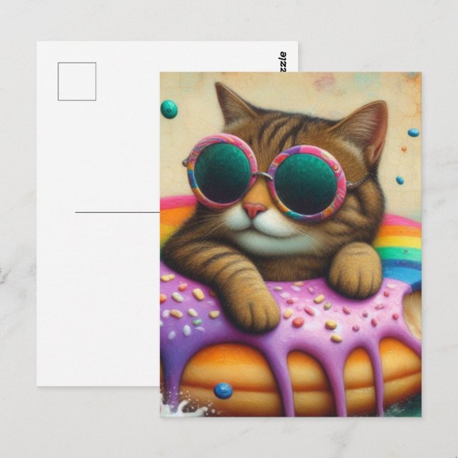 Carte Postale Chat mignonne sur un beignet flottant (Devant / Derrière)