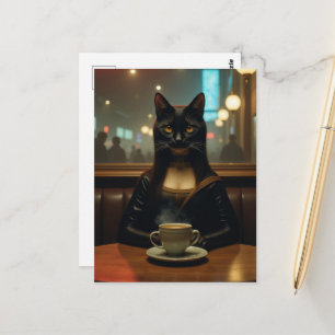Carte Postale Chat Mona Lisa dans un café