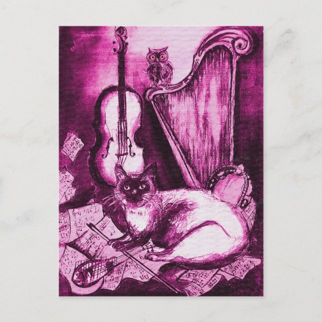 Carte Postale CHAT MUSICAL, Violet rose et blanc (Devant)
