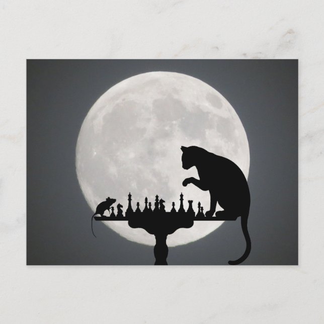 Carte Postale Chat N Souris Jouer aux échecs Pleine lune (Devant)