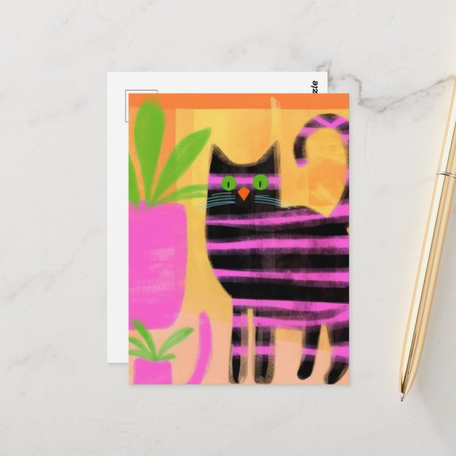 Carte Postale Chat Noir Adorable Avec Bandes Roses (Devant/Arrière en situation)