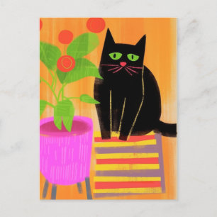 Carte Postale Chat Noir Adorable Avec Plantes