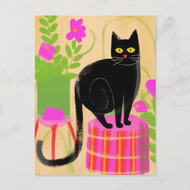 Carte Postale Chat Noir Adorable Avec Plantes (Devant)