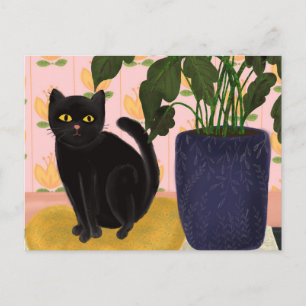 Carte Postale Chat noir assis assez en rose