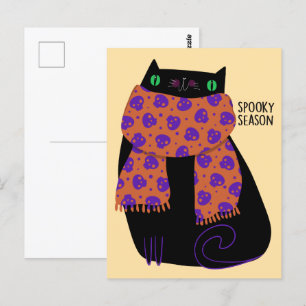 Carte Postale Chat noir automne saison Halloween Éffrayant migno