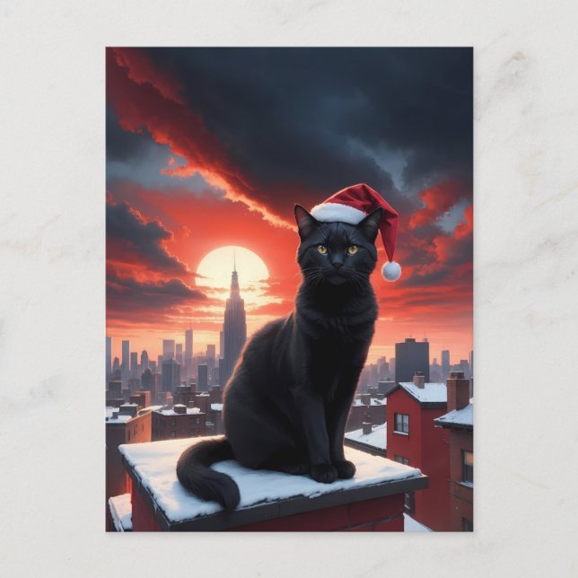 Carte Postale chat noir avec chapeau santa à noël (Devant)