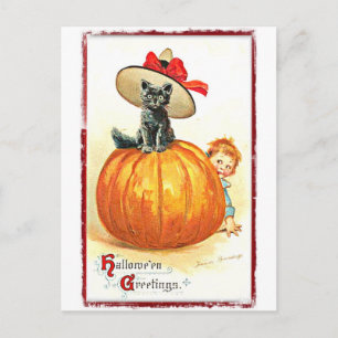 Carte Postale Chat noir avec Halloween Vintage Casquette