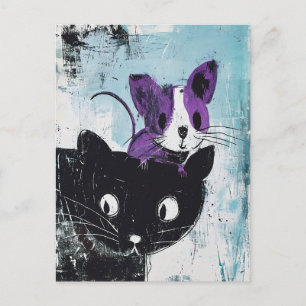 Carte Postale Chat noir avec souris violette sur la tête