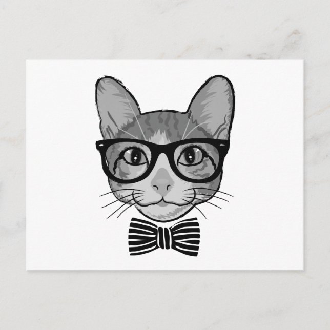 Carte Postale Chat noir blanc hipster avec nœud papillon (Devant)