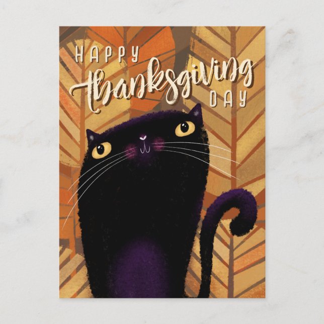 Carte Postale Chat noir bon thanksgiving automne (Devant)