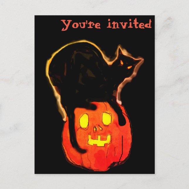 Carte Postale Chat noir brillant Halloween Citrouille brillant (Devant)