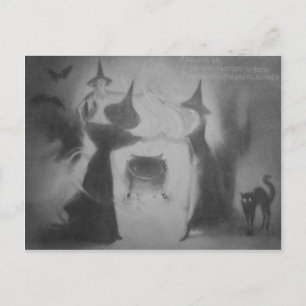 Carte Postale Chat Noir Cauldron Nuit Chauve Sorcière Monochrome