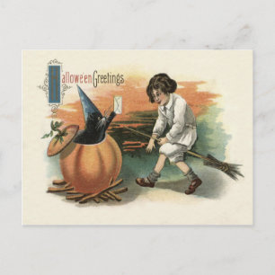 Carte Postale Chat Noir Citrouille Chapeau de Sorcière Balai Let