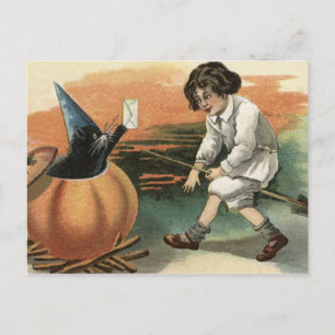 Carte Postale Chat Noir Citrouille Chapeau de Sorcière Balai Let