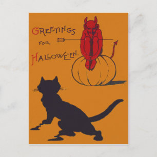 Carte Postale Chat Noir Citrouille Diable Démon Fourche à Trois 