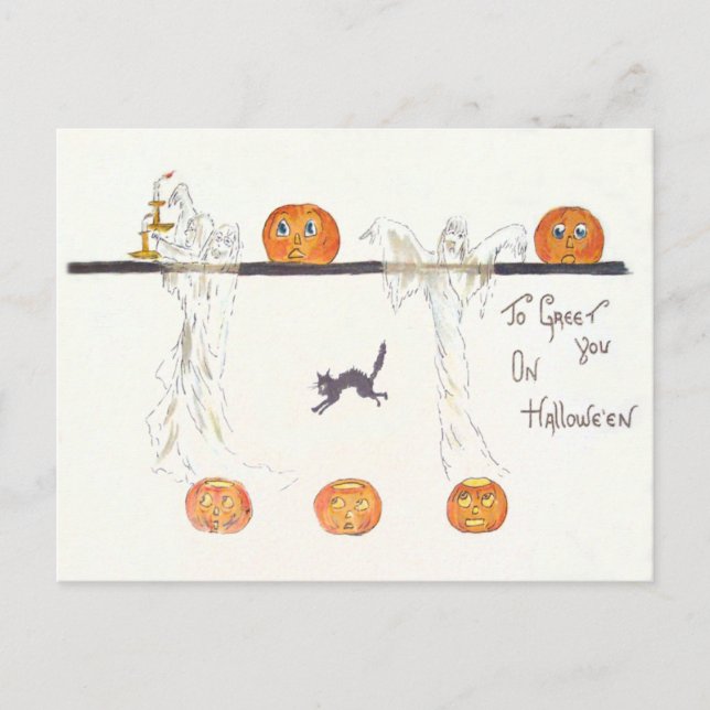 Carte Postale Chat noir Citrouille Ghost Jack-o'-lantern (Devant)