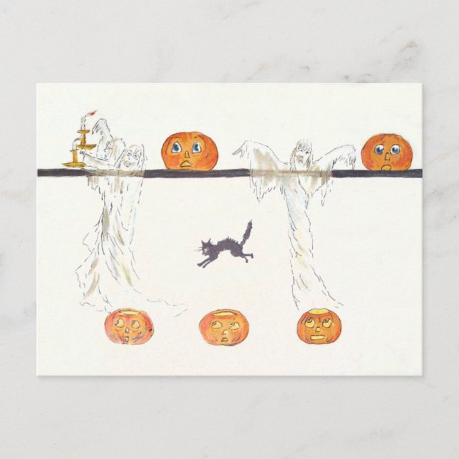 Carte Postale Chat noir Citrouille Ghost Jack-o'-lantern (Devant)